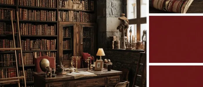 Beamed study lined with old books, a desk with a globe and lamp, beside fabric swatches and dark red colour blocks