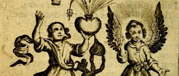 Old engraving on yellowed paper: two bare-footed children flank a heart-shaped urn spouting water, the one on the right with wings and a halo, while a crown, trumpet, violin and other objects fly above