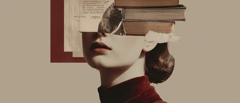 Collage of a woman in a dark red coat, her eyes hidden by a stack of old books, letters and photos, on a beige ground
