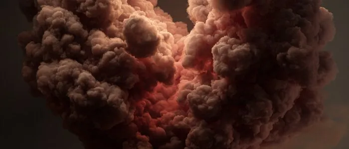 A heart-shaped mass of billowing brown clouds, lit red from within, against a dark background