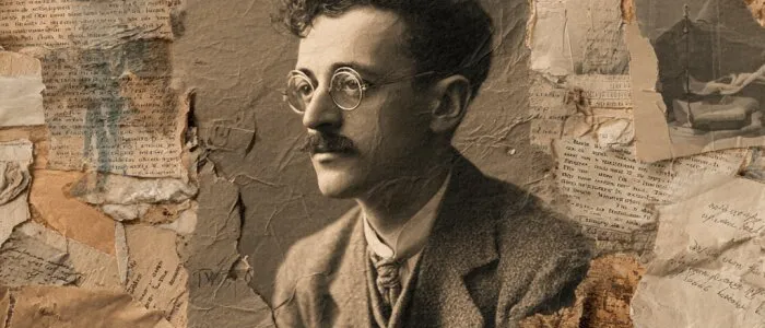 Sepia portrait of a man with curly hair, round glasses and a moustache, set in a collage of torn newspaper and paper scraps