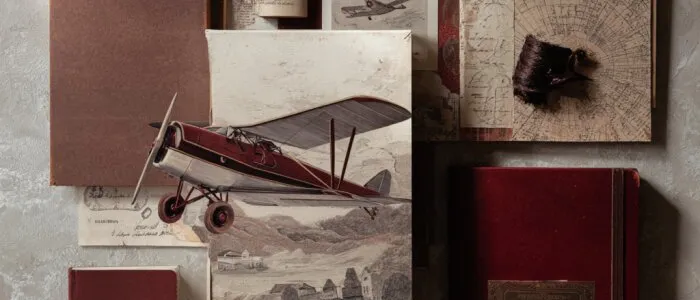 Flat lay of dark red books, handwritten letters and old charts, with a red model biplane over a sketched mountain landscape
