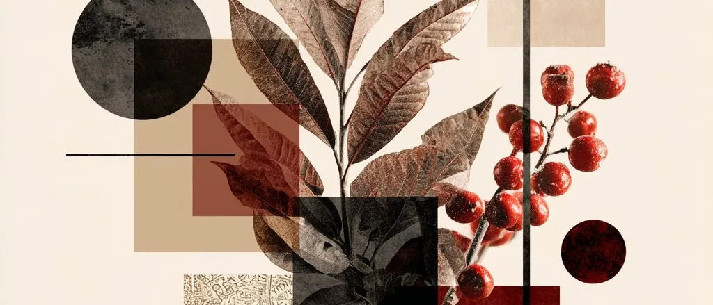 Collage of brown leaves and a sprig of red berries over red, black and beige circles and squares on a cream ground