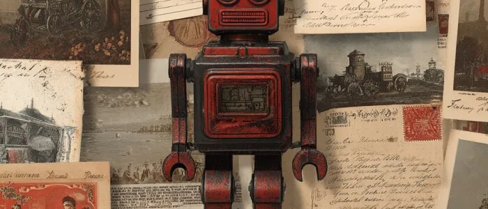 A rusty red toy robot against a backdrop of old postcards, letters and stamps showing carriages and steam vehicles