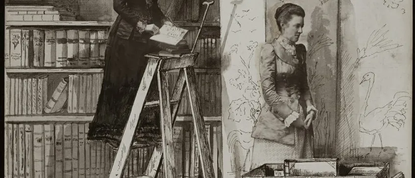 Ink drawing of two Victorian women in a library, one on a stepladder with a book, beside a crate marked 'Books with Care'