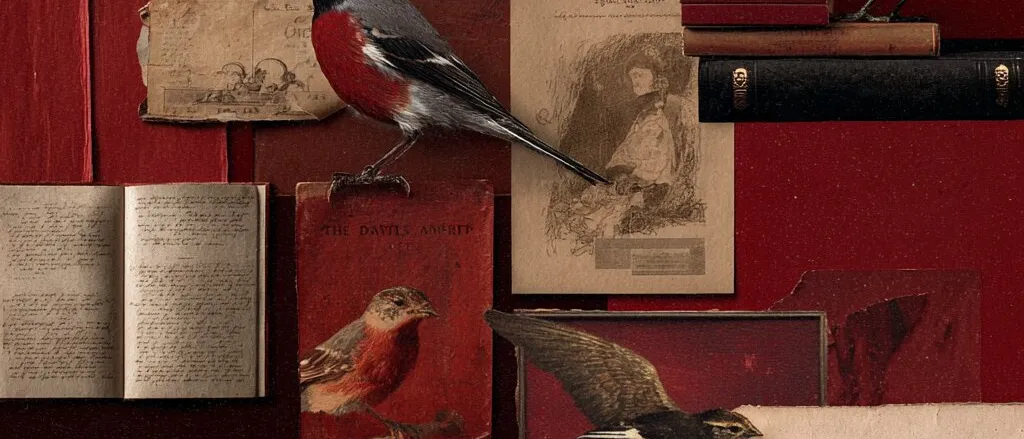 Collage of small birds, open handwritten notebooks, old books and a page of sheet music on deep red paper
