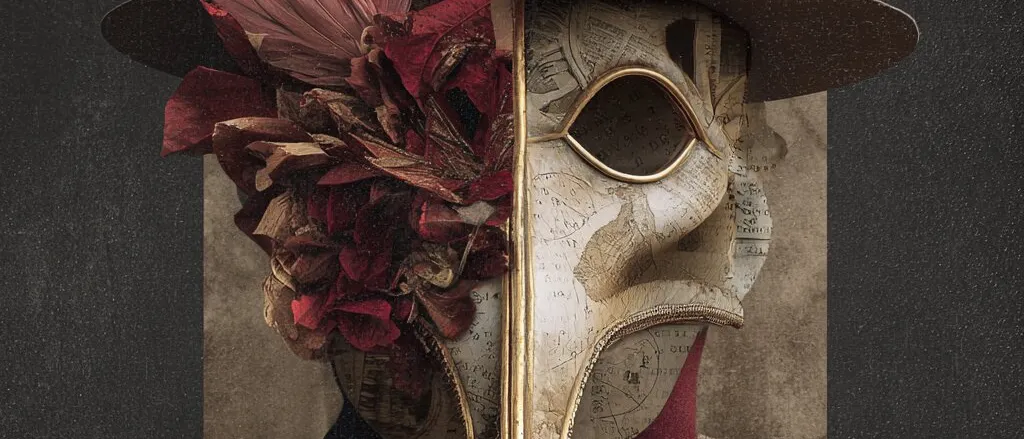 Collage portrait of a figure in a brimmed hat and a beaked plague-doctor mask, half covered in dried red flowers