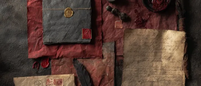 Flat lay of a sealed grey envelope, aged handwritten letters, a black quill, red wax and an inkpot on crumpled red paper