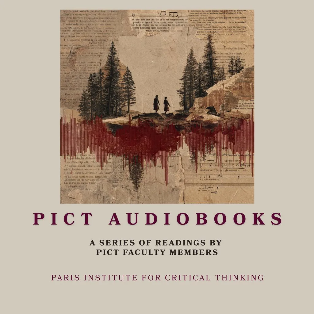 Cover of PICT Audiobooks: two figures walking between pine trees above a red sound wave, on printed pages and sheet music