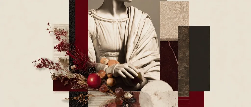 Collage of a classical marble bust of a young man holding fruit, with dried red flowers and red, black and stone blocks