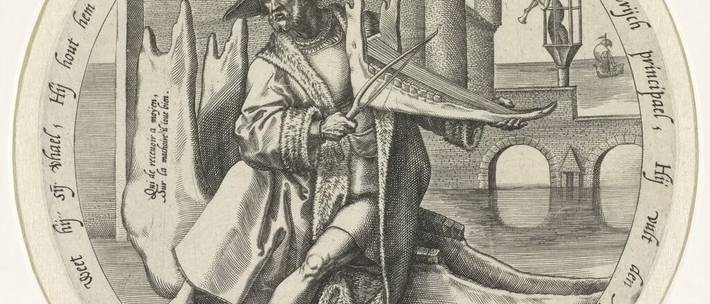 Round engraving of a Flemish proverb: a fur-robed man in a wide hat plays a jawbone with a bow like a fiddle before a walled town.