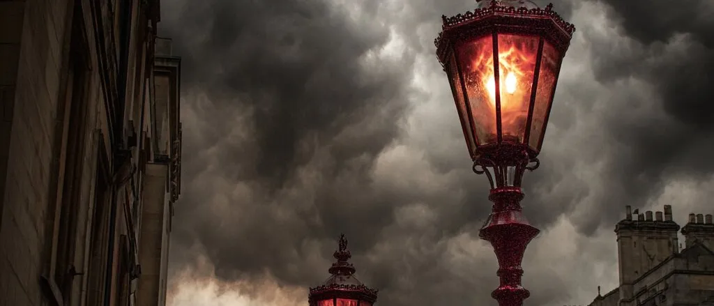 Ornate red street lamps glowing beneath dark storm clouds in a street of old stone buildings