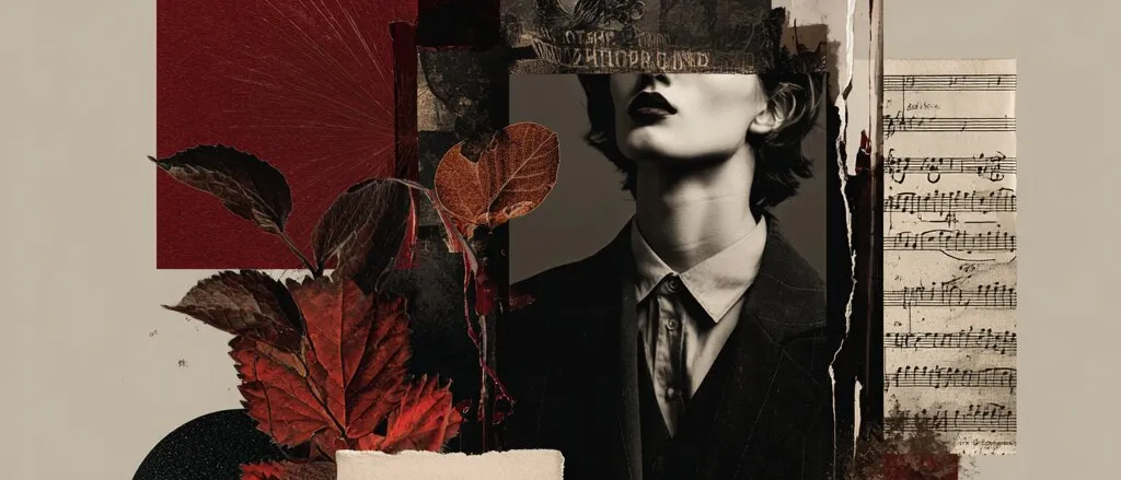 Collage of a person in a dark suit, eyes hidden by a torn strip, with sheet music, red leaves and dark red squares
