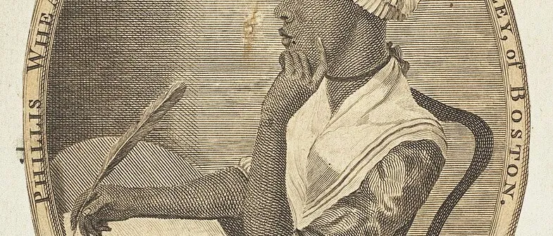 Engraved oval portrait of the poet Phillis Wheatley at a desk, quill in hand, chin resting on her other hand