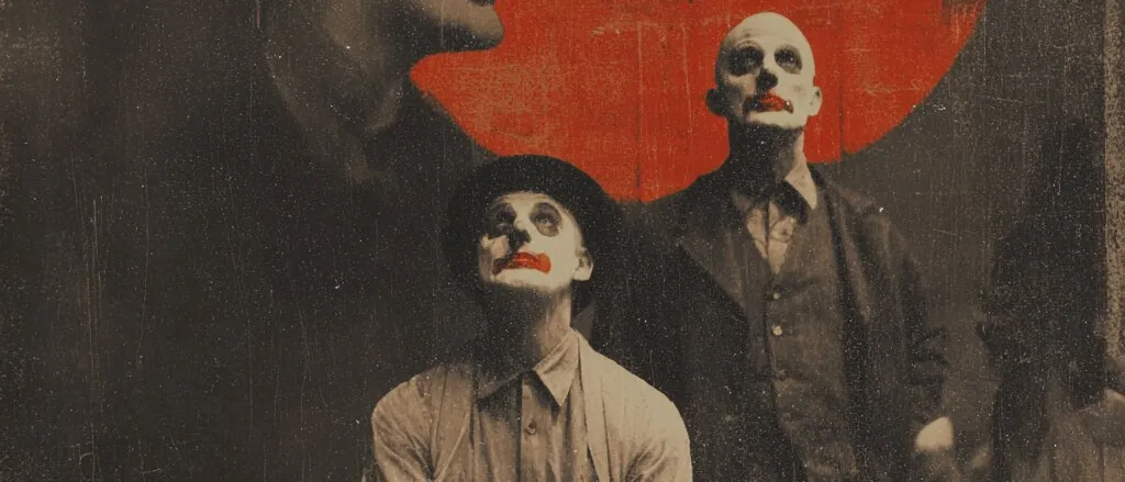 Three performers in white clown make-up before a large red disc, two of them in bowler hats, in a faded sepia style