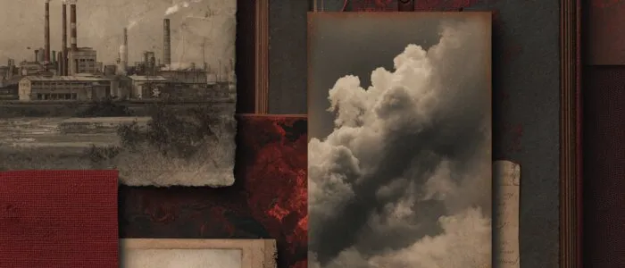 Collage on dark red of a photo of factory chimneys pouring smoke, a cloud photograph, a small landscape and old books