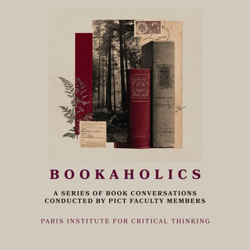 Cover of Bookaholics: two old books, one red, before a black-and-white pine forest, with a fern and a stamped card