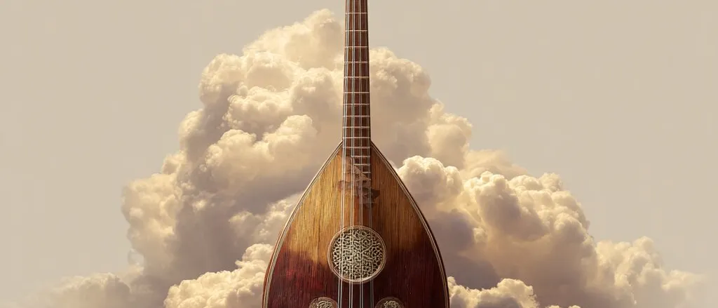 A pear-shaped, long-necked wooden lute with an inlaid rosette rising out of billowing cream clouds on a beige ground