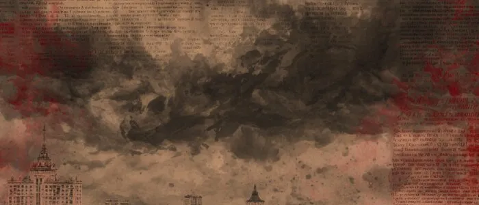 Black-and-white city of tall buildings and wide avenues under dark smoke, overlaid with newsprint and red stains