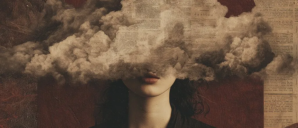 Collage of a woman in black whose face above the lips is hidden by a cloud, before a red arch, newsprint and hills