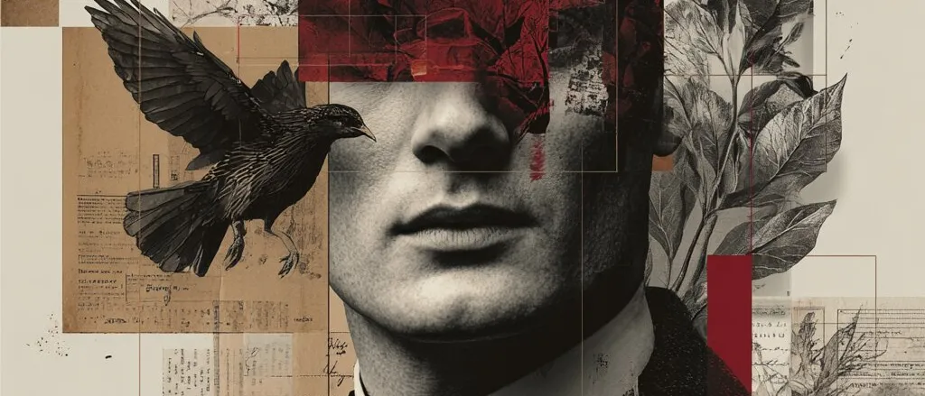 Collage of a man in a tweed jacket and tie, his upper face hidden by red foliage, with a black bird, leaves and old papers