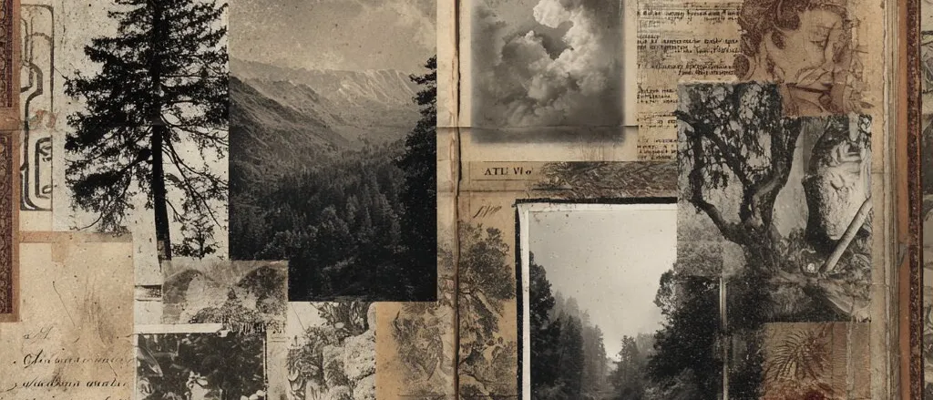 Open scrapbook of black-and-white photos of conifers, mountains, clouds and a forest river, with a red stain on one page
