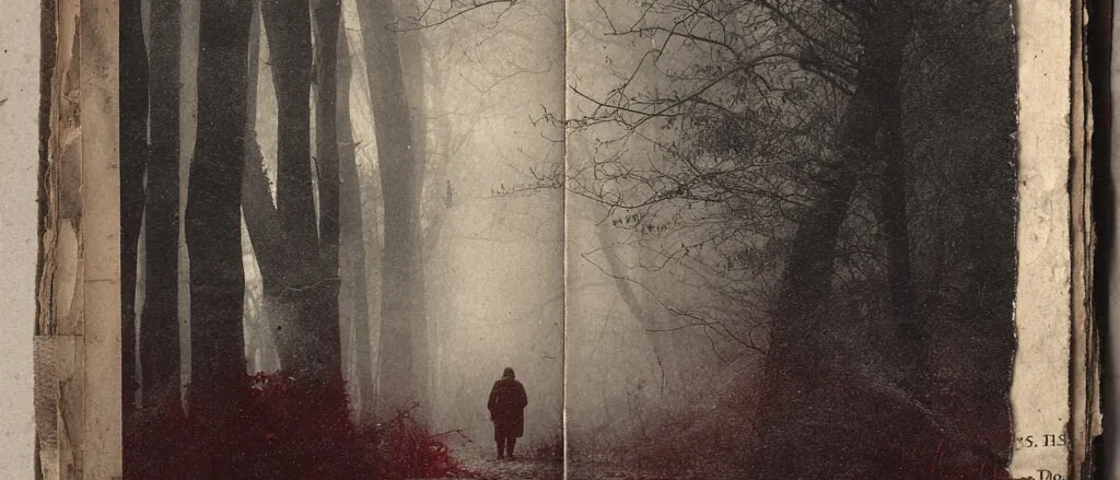 Open worn book showing a misty forest path with a lone figure in a dark coat, the ground tinted deep red