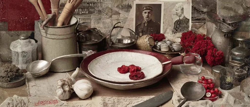 Kitchen still life of wooden spoons, garlic, knives and a plate of red petals before old letters and portraits of soldiers