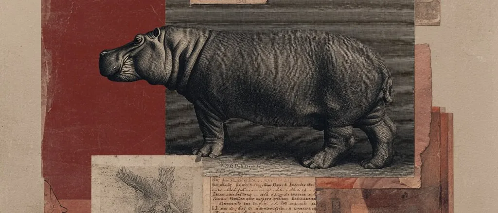 Engraving of a hippopotamus in profile within a collage of old letters, animal sketches and red and pink papers on beige