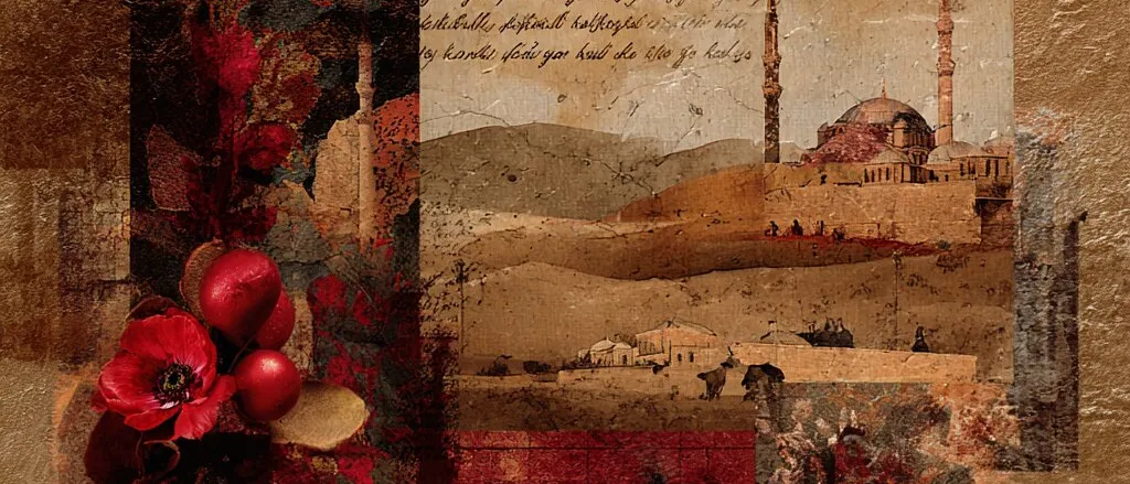 Collage of a domed mosque with two minarets in desert hills beneath handwritten script, with red poppies and berries