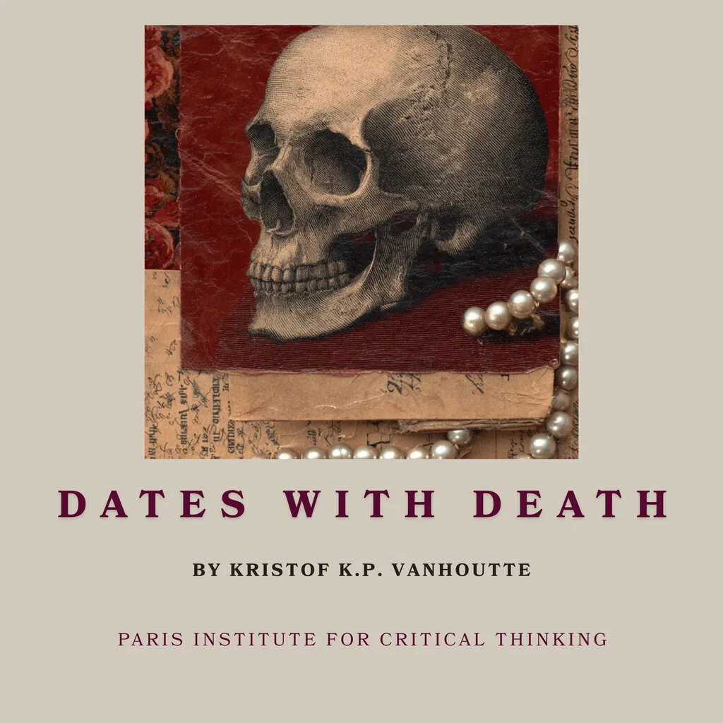 Cover of Dates with Death: an engraved skull on red cloth beside a string of pearls and handwritten papers