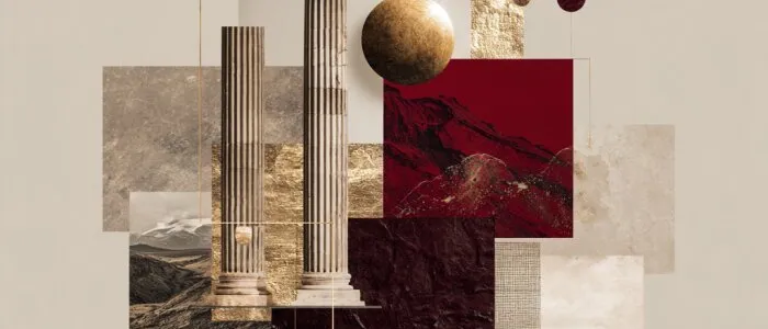 Collage of two fluted stone columns, gold spheres, dark red panels and sepia mountain landscapes on a beige ground