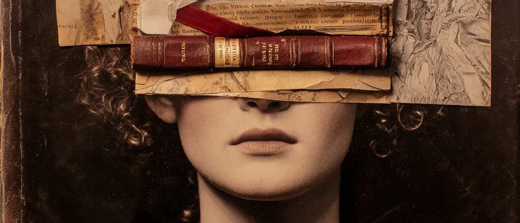 Collage of a woman in a red blouse whose eyes are covered by torn maps, old papers and a red leather-bound book