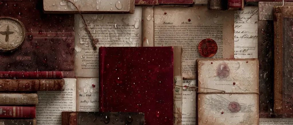 Old books with crimson covers and yellowed printed pages, spattered with red and clear droplets, laid out edge to edge