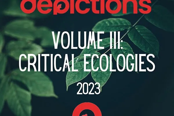 Cover of dePICTions volume III, Critical Ecologies, 2023: green leaves on a dark ground under the red dePICTions wordmark