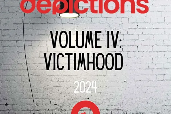 Cover of dePICTions volume IV, Victimhood, 2024: an arched floor lamp lighting a white brick wall, under the red dePICTions wordmark