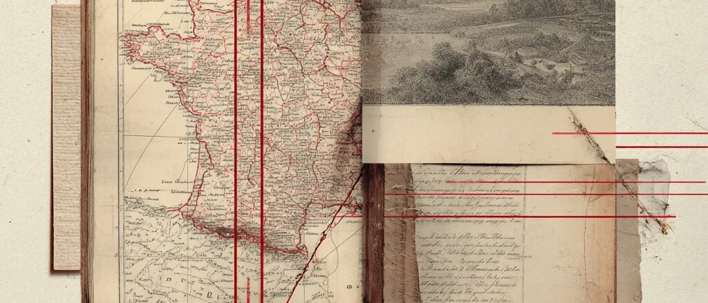 Collage of an old atlas open at a map of France, a pencil landscape and handwritten pages, crossed by thin red lines