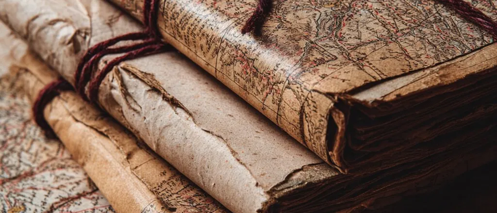 Close-up of worn books wrapped in antique maps and tied with dark red string, resting on an old map