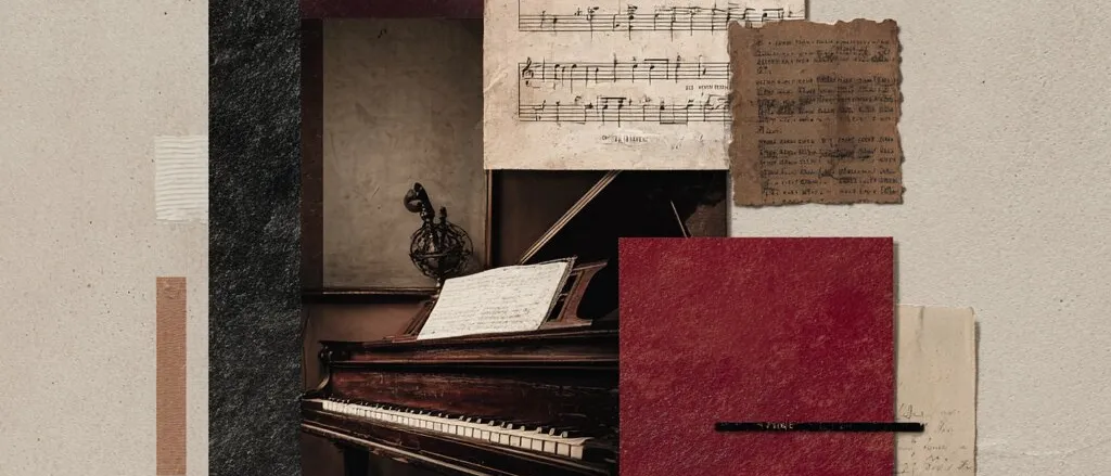 Collage of a grand piano with open sheet music, a torn brown scrap of music notation, and black and red panels on grey