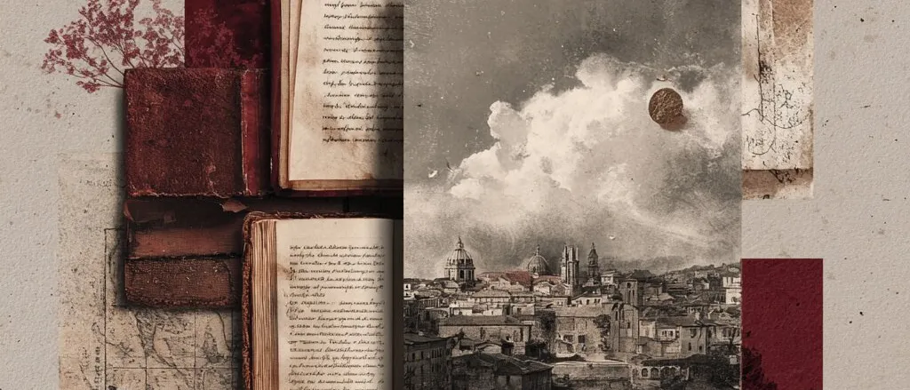 Collage of open old books, a map and a photo of a domed city skyline under clouds, with dried flowers, on red and grey