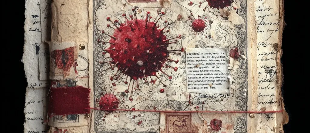 Collage of aged paper and handwritten scraps bearing red spiked virus particles, bound with red thread, on black
