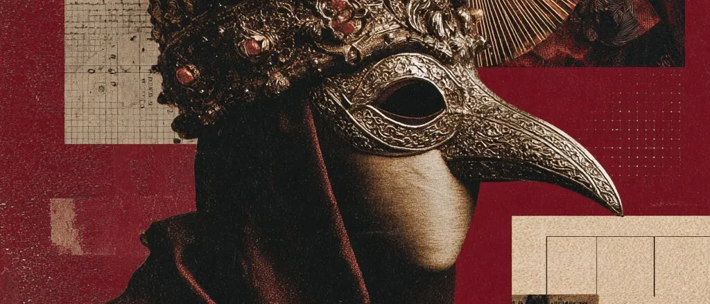 Collage of a hooded figure in a red cloak wearing an ornate gold crown and a beaked mask, on a deep red ground