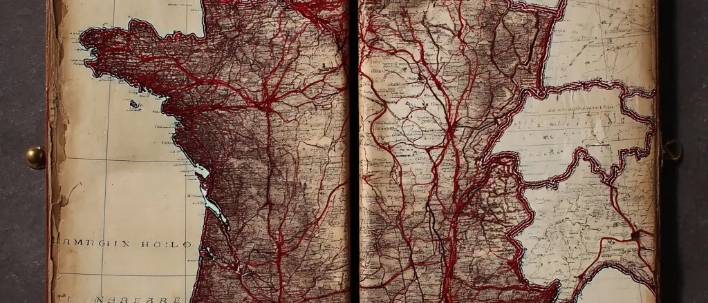 Old map of France spread across two aged pages, its borders and roads traced in dark red