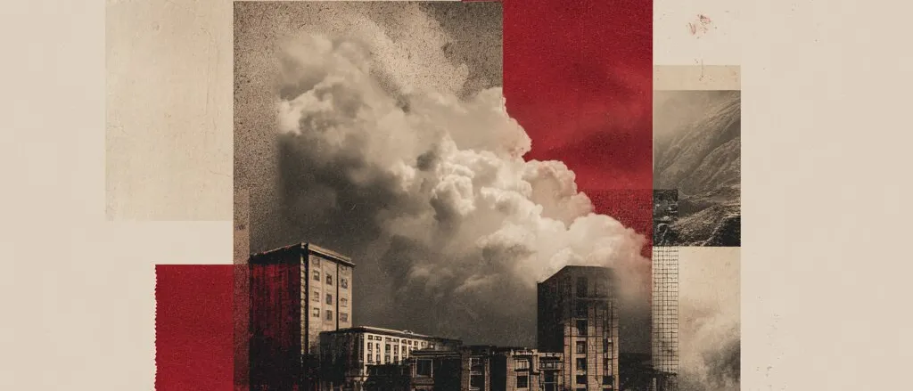 Collage of a sepia photo of city blocks beneath a billowing cloud, framed by red and beige paper panels