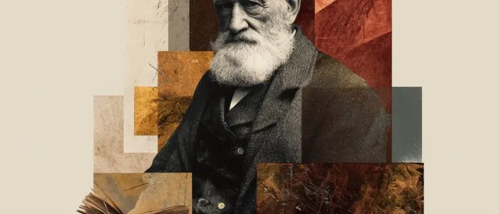 Collage of an old photo of a white-bearded man in a dark coat, with stacks of old books and rust and brown panels