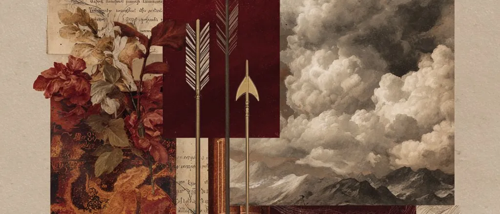 Collage of three arrows on deep red, billowing clouds over mountains, handwritten pages, red foliage and leather book spines