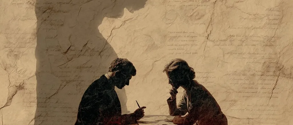 Two silhouetted figures talking across a small table in dark red tones, beneath a large shadowed profile on written paper