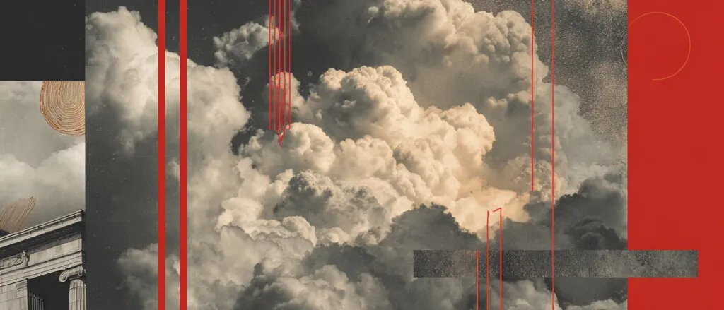Collage of billowing clouds, a columned building and a tree in sepia, crossed by thin red lines and red and black blocks
