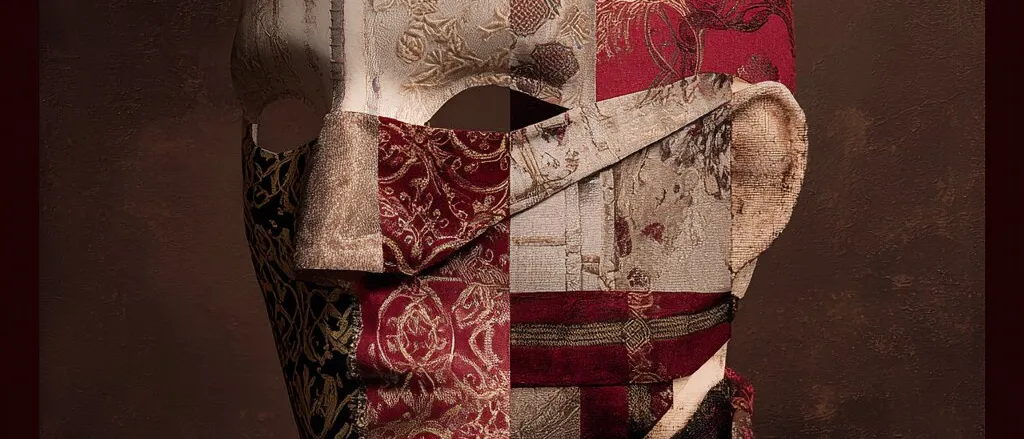 Head and shoulders in a full mask patched from cream, red and black brocade fabrics, against a dark brown ground