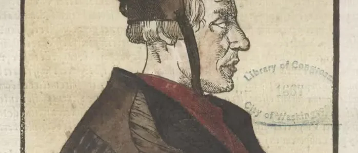 Hand-coloured woodcut of a man in profile in a dark cap and brown robe with a red collar, with a Library of Congress stamp
